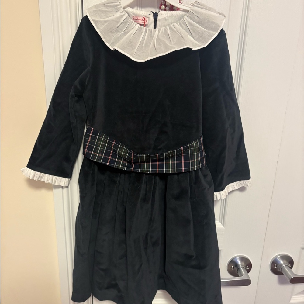 Elegant Velour Green and White Kids Dress